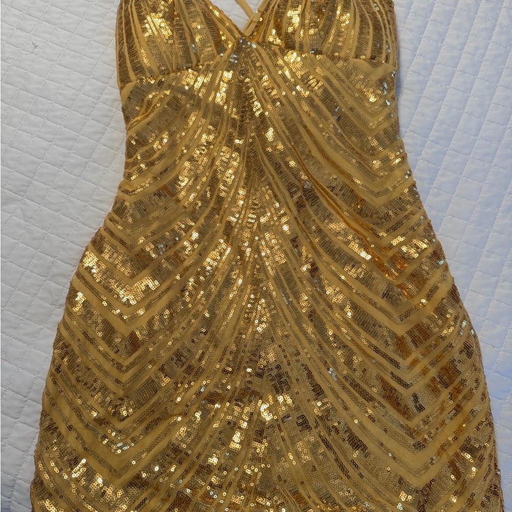 Gold Sequin V-Neck Women’s Dress